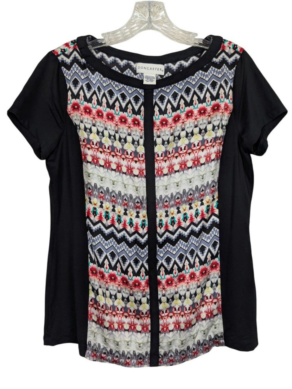 Doncaster Silk Top Blouse Womens black 12 Geometric Floral Cap Sleeve Stretch